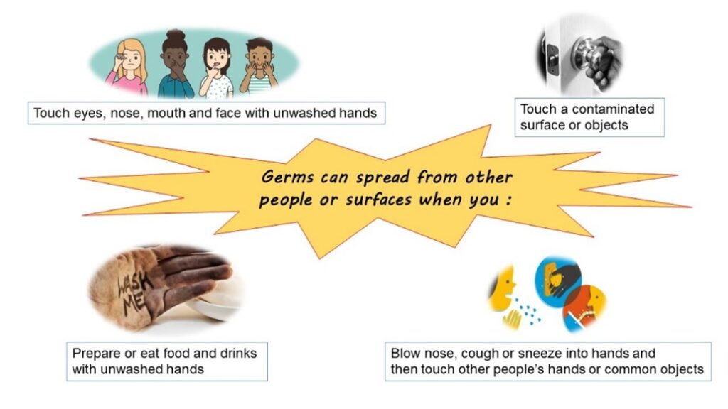 Germs can spread from other people or surfaces when you: 1. Touch eyes, nose, mouth and face with unwashed hands 2. Touch a contaminated surface or objects 3. Prepare or eat food and drinks with unwashed hands 4. Blow nose, cough or sneeze into hands and then touch other people's hands or common objects